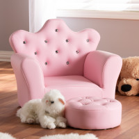 Baxton Studio LD2210-Pink-CC Ava Modern and Contemporary Pink Faux Leather 2-Piece Kids Armchair and Footrest Set